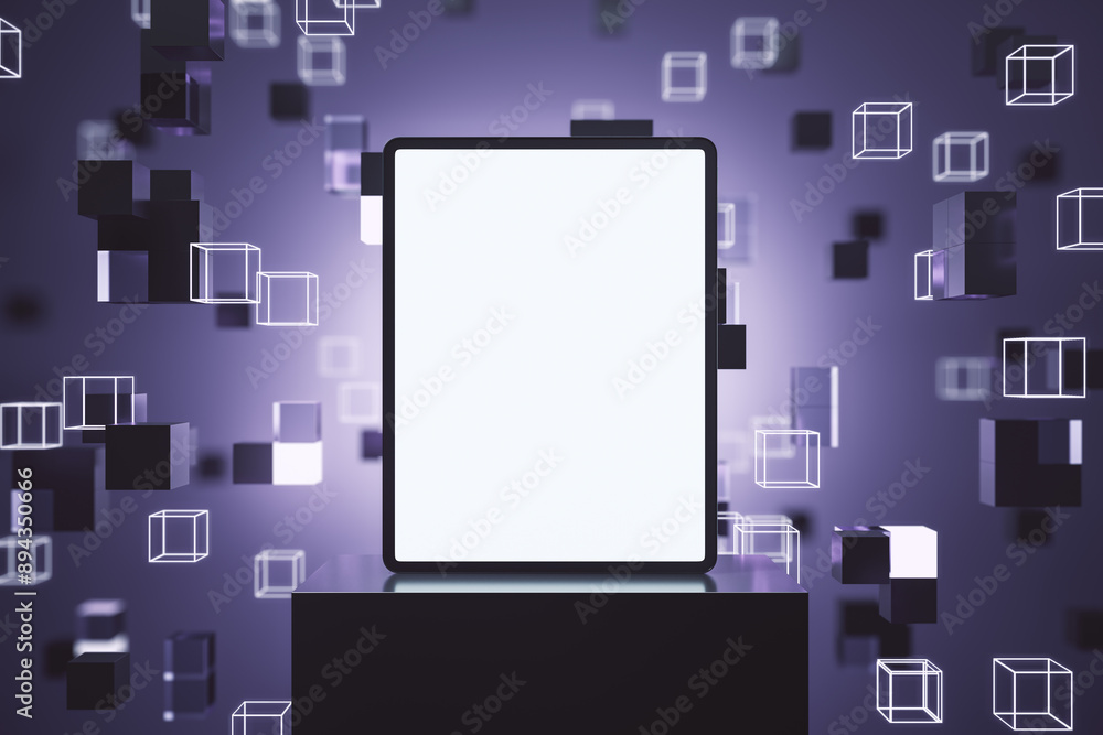 Aufkleber empty white pad on creative digital cubes background with pedestal and mock up place. 3d rendering.