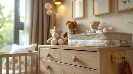 Beautiful baby room interior with toys and modern changing table : Generative AI
