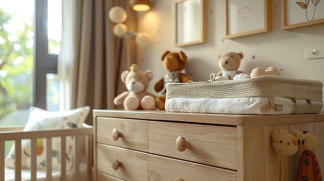 Beautiful baby room interior with toys and modern changing table : Generative AI