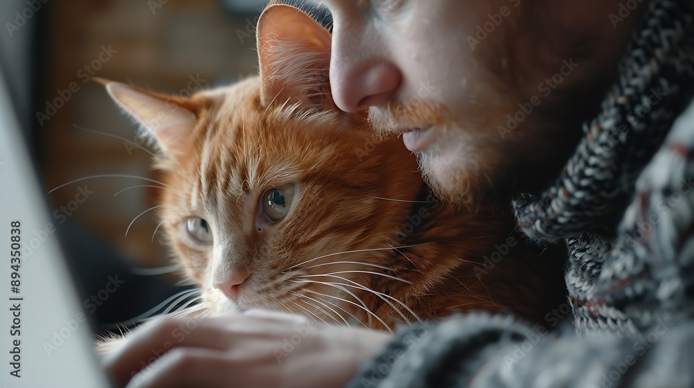Poster Man working online from home with pet using laptop Ginger cat looks at screen interested in computer Interrupting while working on internet : Generative AI