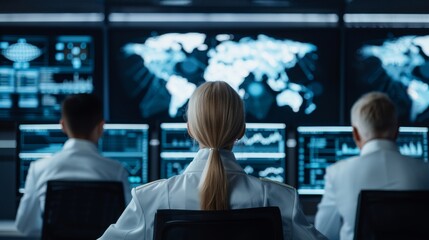 High-tech command center, holographic interfaces and futuristic technology, diverse team of professionals, intense yet organized atmosphere, advanced sci-fi design