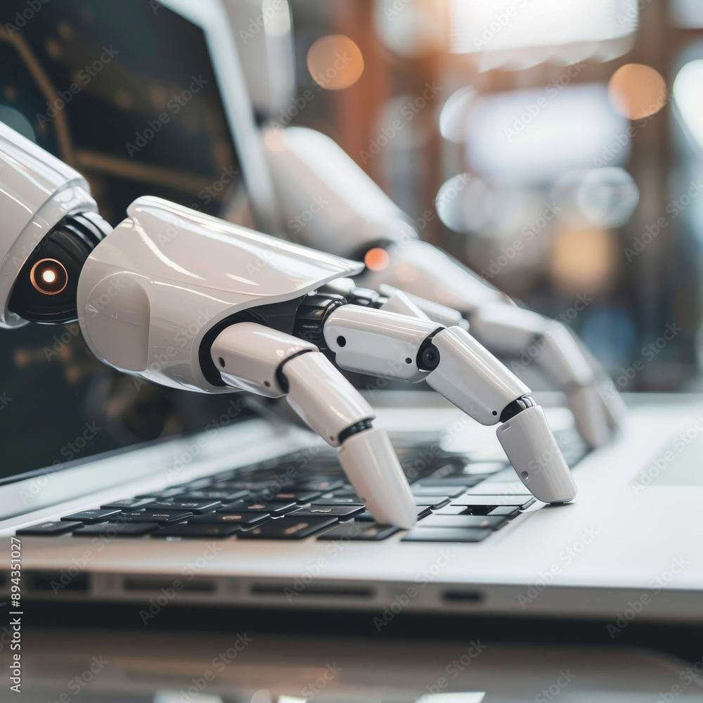 Poster robotic hands hover over a laptop, their fingers poised to interact with a chatbot interface. this i