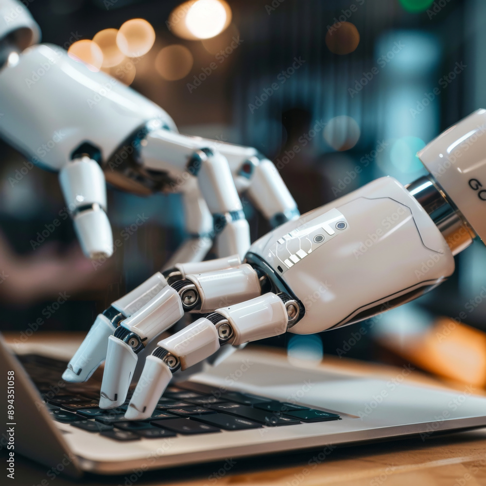 Poster robotic hands hover over a laptop, their fingers poised to interact with a chatbot interface. this i