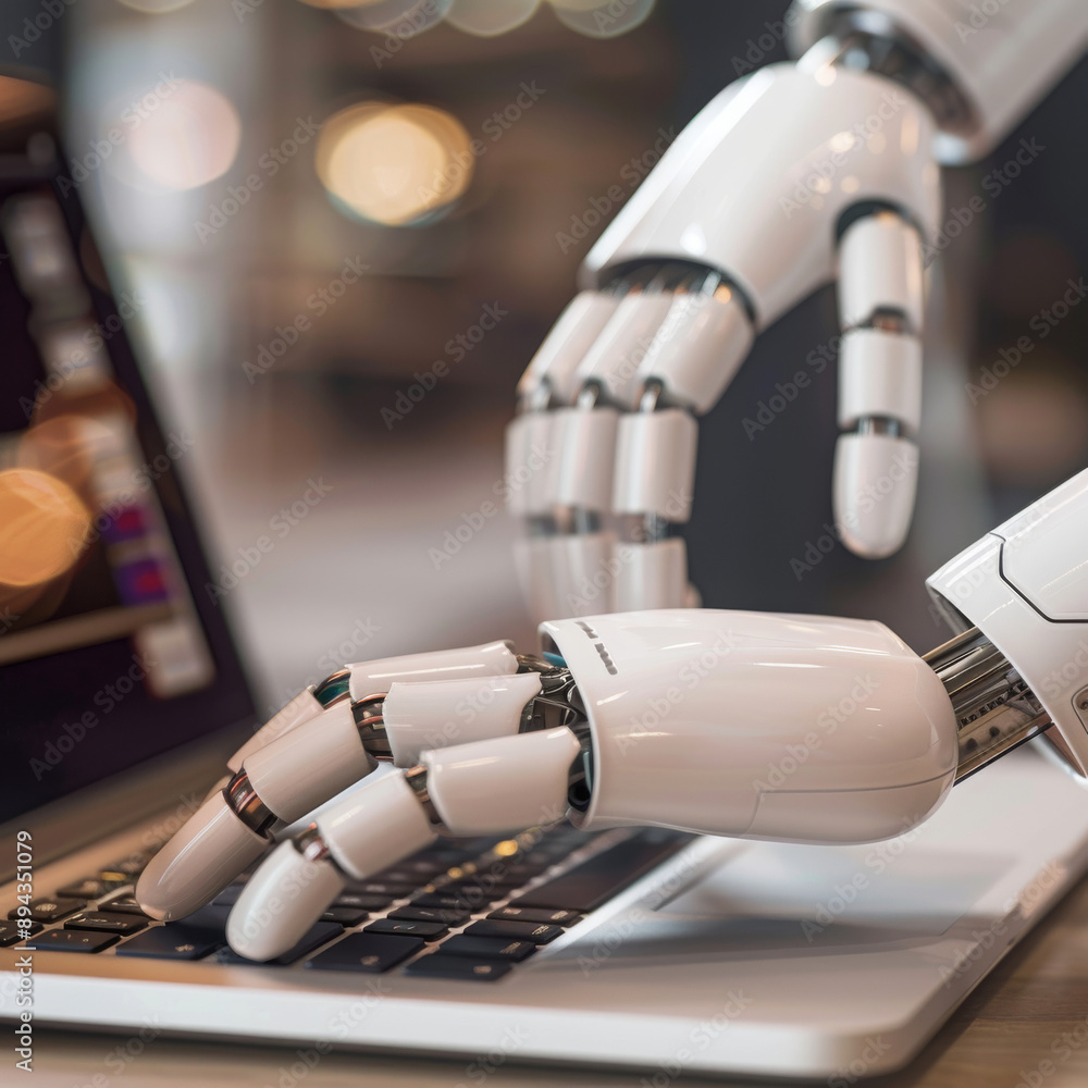 Poster robotic hands hover over a laptop, their fingers poised to interact with a chatbot interface. this i