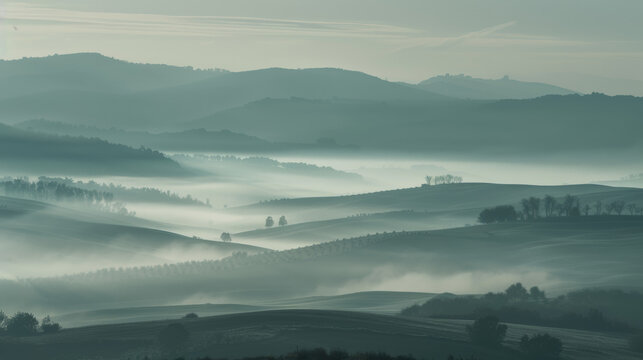 Foggy Padana Plain or Po valley with rolling hills as seen through binoculars. Valley includes Erbezzo and Verona in the Veneto region of Italy, Europe.