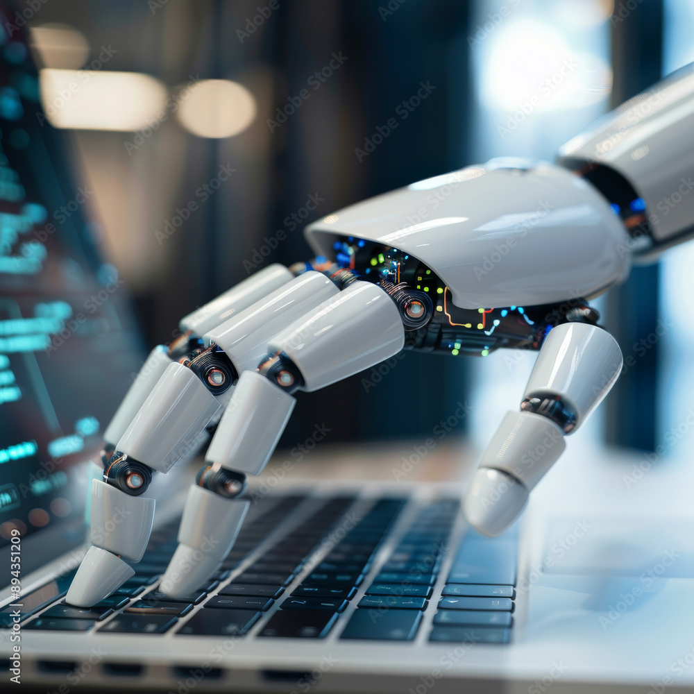Poster robotic hands hover over a laptop, their fingers poised to interact with a chatbot interface. this i