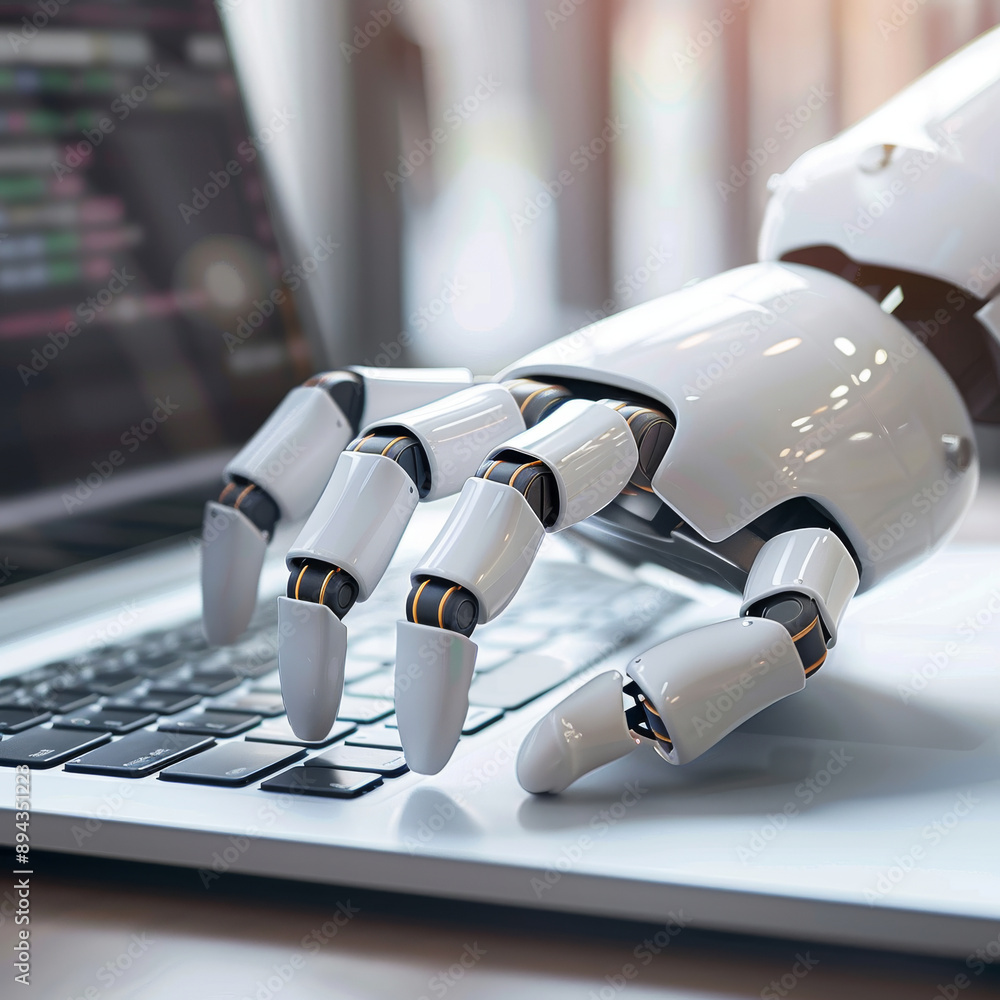Poster robotic hands hover over a laptop, their fingers poised to interact with a chatbot interface. this i