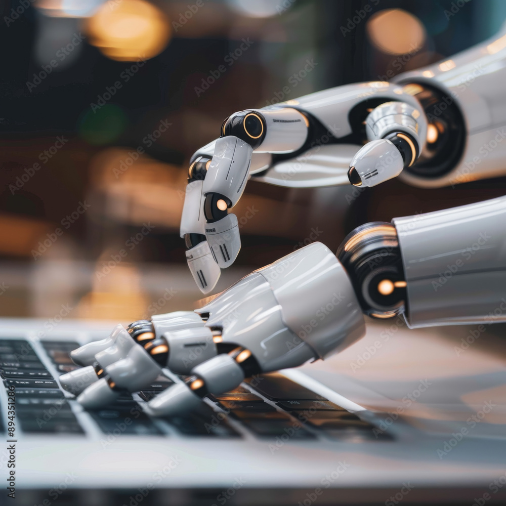 Poster robotic hands hover over a laptop, their fingers poised to interact with a chatbot interface. this i