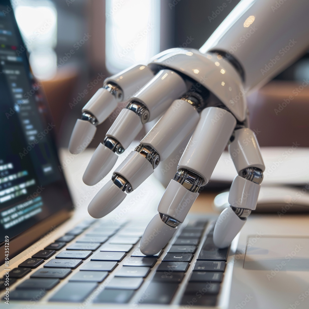 Poster robotic hands hover over a laptop, their fingers poised to interact with a chatbot interface. this i