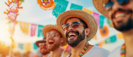 Latino friends enjoying a festive Cinco de Mayo celebration with decorations and music, photorealistic, bright and cheerful, high resolution