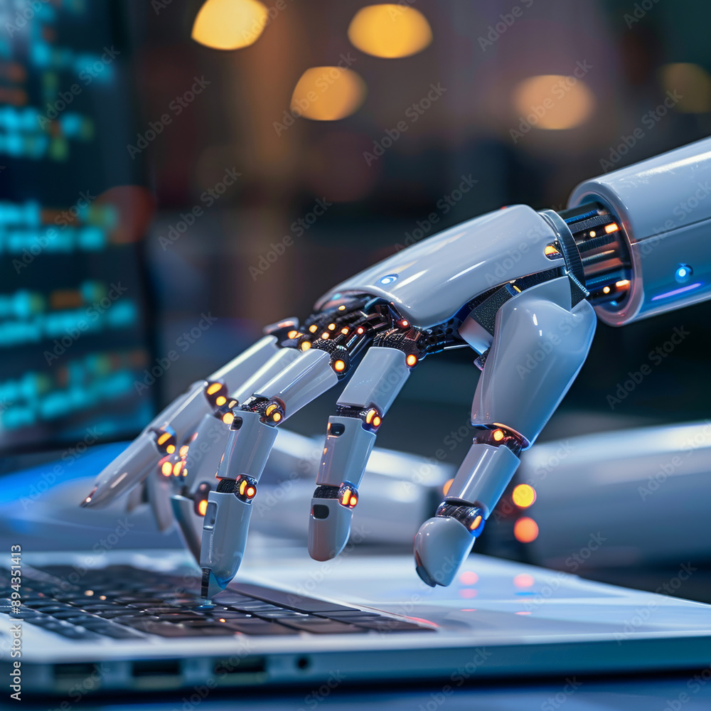 Poster robotic hands hover over a laptop, their fingers poised to interact with a chatbot interface. this i