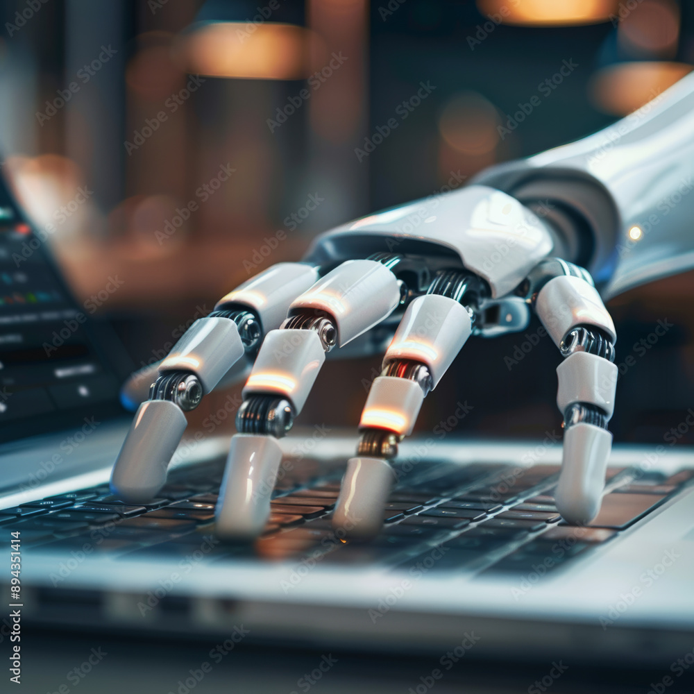 Poster robotic hands hover over a laptop, their fingers poised to interact with a chatbot interface. this i