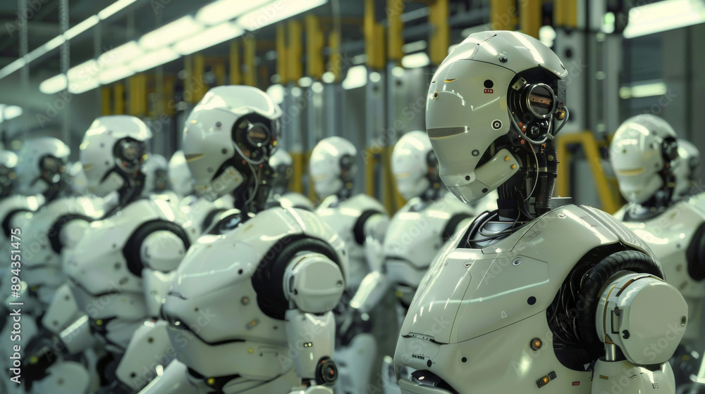 Poster robots in factories are making things without human help. they work in smart factories where they ca