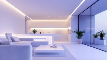 Innovative smart home interior, voice-activated devices, automated lighting, sleek modern design, interactive touchscreens, eco-friendly technology