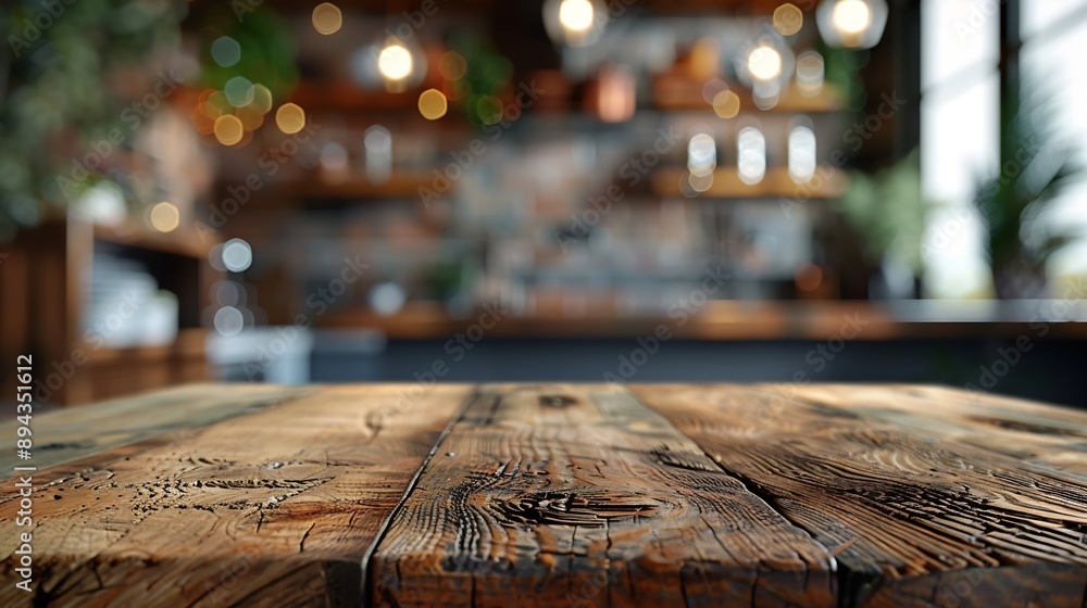 Poster selective focuswood table top on blur kitchen counter backgroundfor montage product display or desig