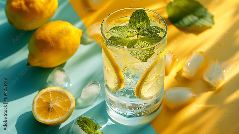 Poster A  cold lemonade in a glass with lemon mint and ice on a yellow and blue background with shadow The concept of a refreshing and healthy drink : Generative AI