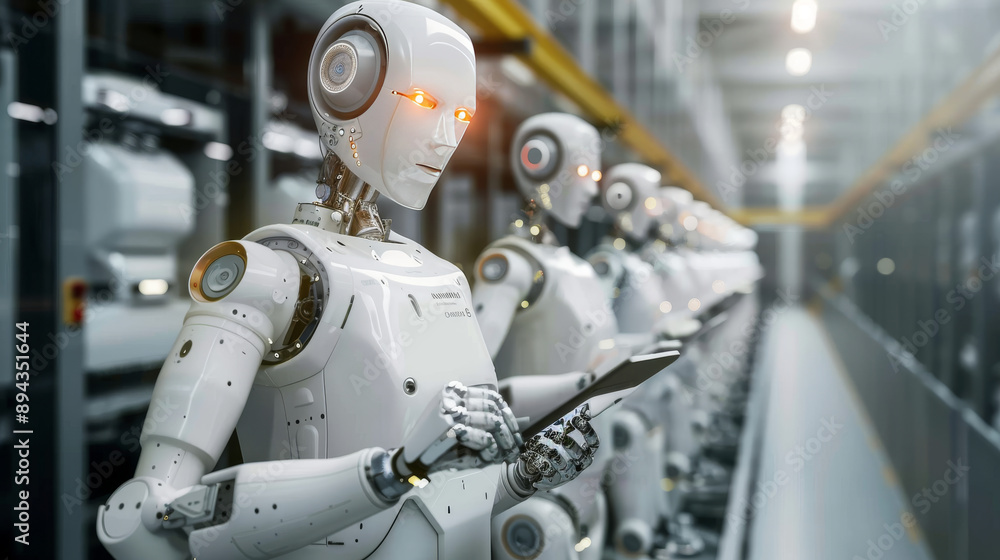 Poster robots in factories are making things without human help. they work in smart factories where they ca