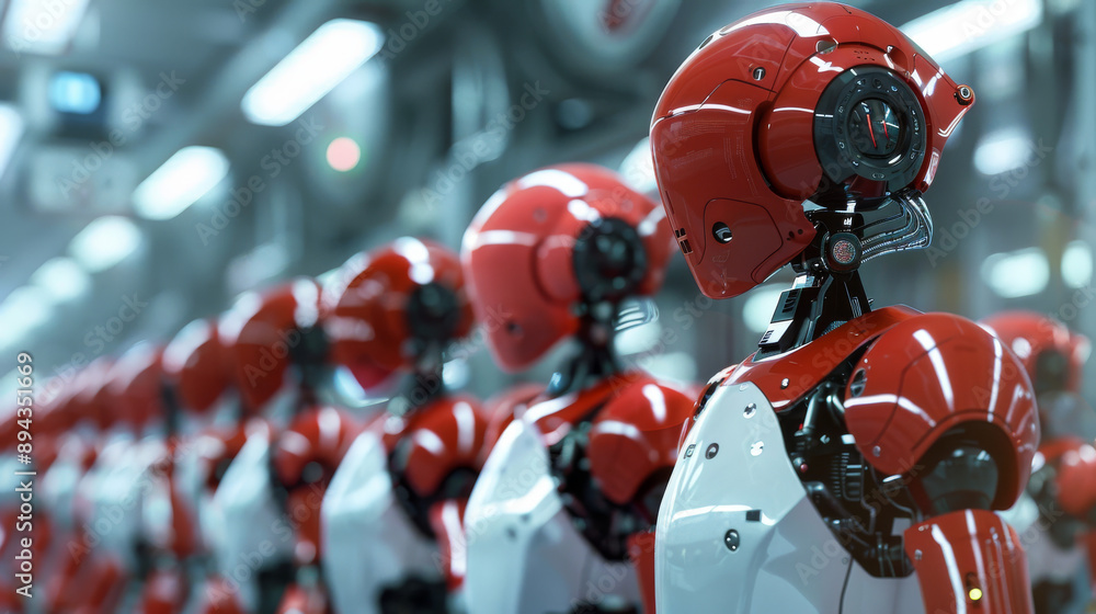 Poster robots in factories are making things without human help. they work in smart factories where they ca