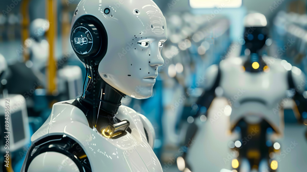 Poster robots in factories are making things without human help. they work in smart factories where they ca