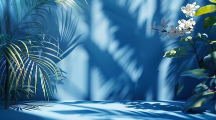 Abstract blue color gradient studio background for product presentation Empty room with shadows of window and flowers and palm leaves  3d room with copy space Summer concert Blurred ba : Generative AI