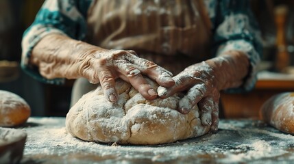Old woman hands  process the dough for wheat bread Preparation doughs Preparation doughs womens hands Making dough by male hands at bakery Food concept Hands dough : Generative AI