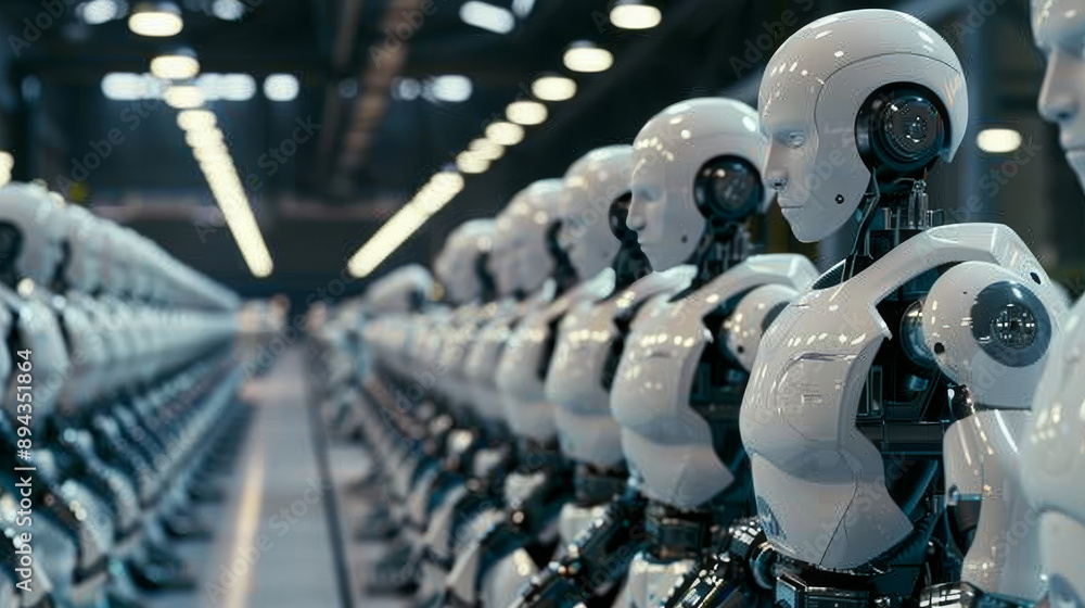 Poster robots in factories are making things without human help. they work in smart factories where they ca