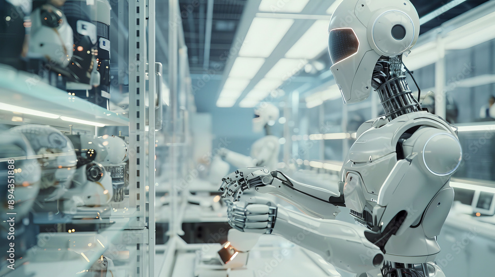 Poster robots in factories are making things without human help. they work in smart factories where they ca