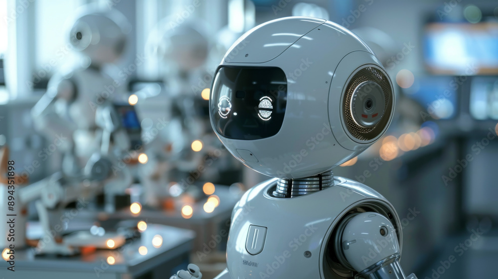 Poster robots in factories are making things without human help. they work in smart factories where they ca