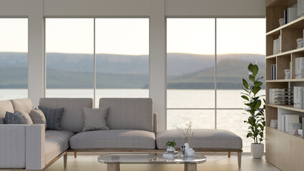 The interior design of a modern, bright living room features a comfortable L-shaped couch and decor.