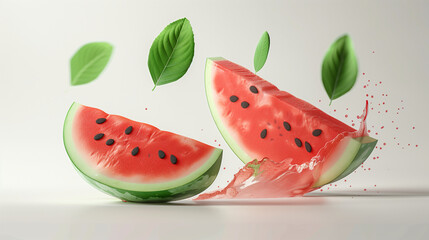 Slices of fresh juicy watermelon falling on white background