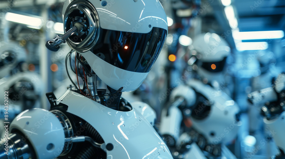 Poster robots in factories are making things without human help. they work in smart factories where they ca