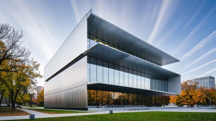 Fototapeta premium Modern art museum with an intricate facade of interwoven metal and glass, surrounded by a peaceful urban park in autumn