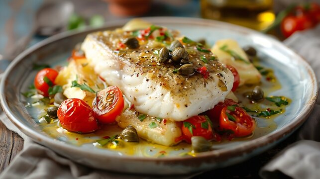 Stockfish white without tomatoes in Messina style Cod stewed with cherry tomatoes caper olive oil and potato Traditional plate of Messina Sicily Italy Selective focus : Generative AI