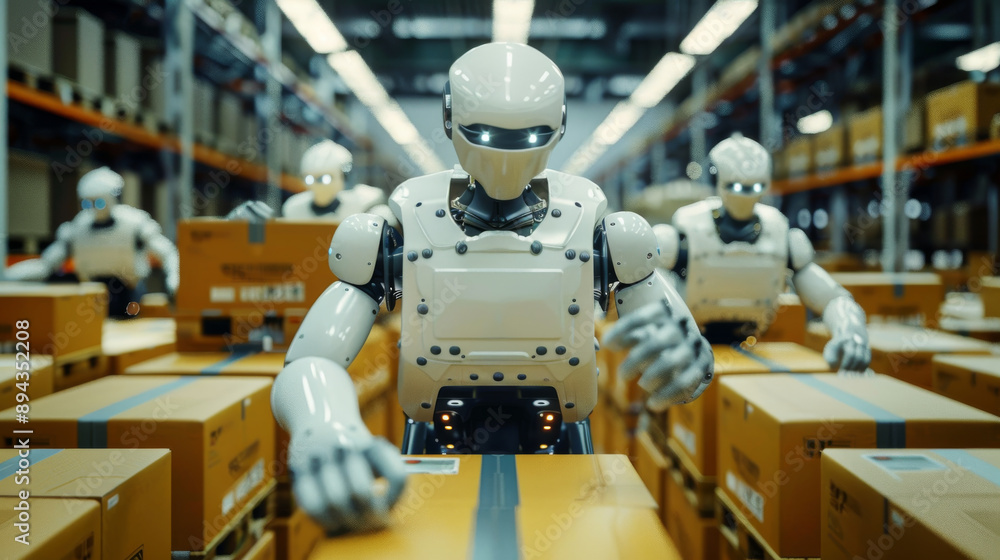 Poster robots in factories are making things without human help. they work in smart factories where they ca