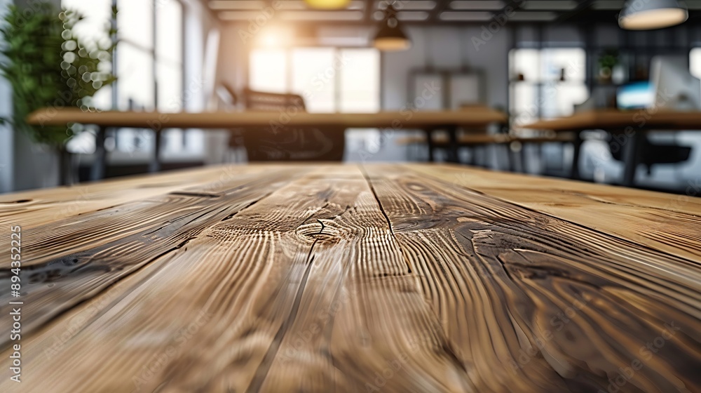Poster wooden table on blurred empty open space office abstract light bokeh at office interior background f