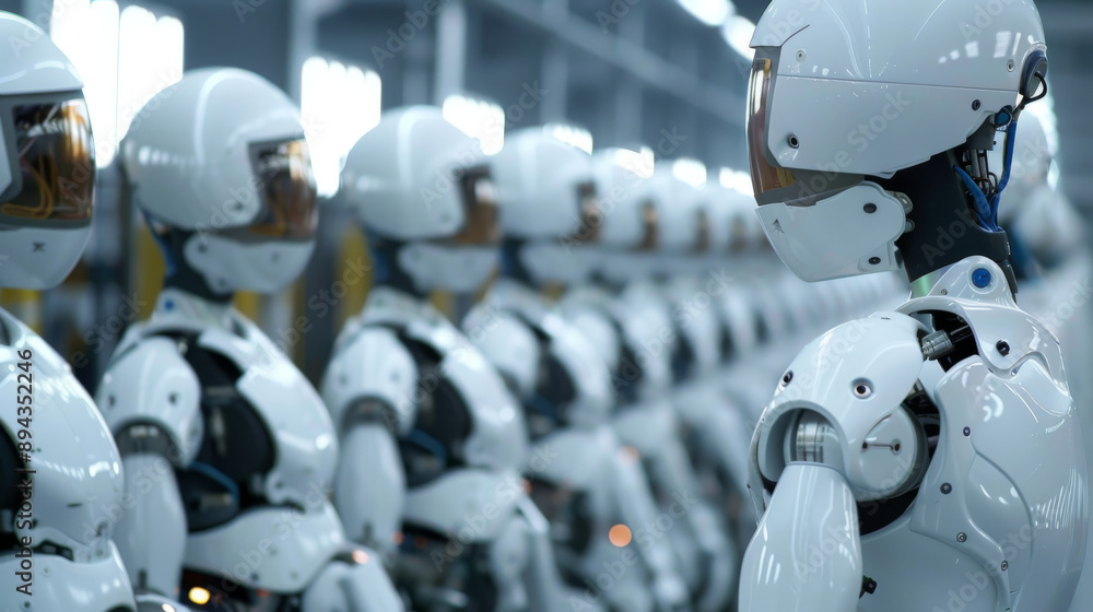 Poster robots in factories are making things without human help. they work in smart factories where they ca
