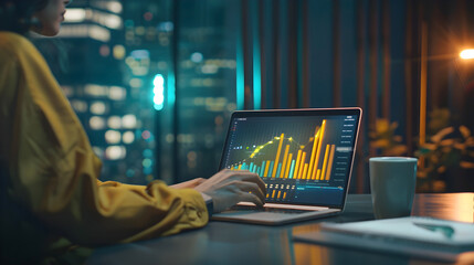Person analyzing data on a laptop with a cityscape background at night