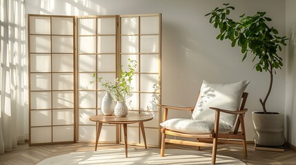 Interior of living room with white folding screen wooden armchair and table : Generative AI