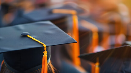 close up of blurred college students wearing black caps and tassels during graduation ceremony, bokeh effect, copy space concept 