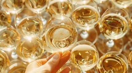 Many glasses of white wine woman hand take one creative top view pattern minimal style flat lay Wine glass at sunlight sun shadows and shiny glare glass Alcohol drinks summer party con : Generative AI