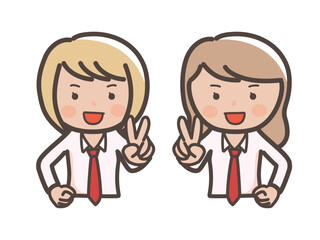 笑顔でピースをするコギャル風の女子高生2人の上半身イラスト