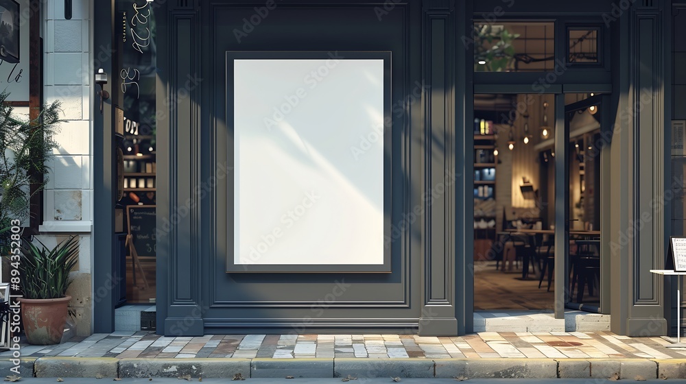 Poster a blank square billboard mockup at the front door of a shop this photo is perfect for designers and 