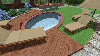 3d image of the landscape design of the home territory. Landscaping of the territory. Computer visualization of composite landscaping and landscaping solutions.