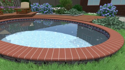 3d image of the landscape design of the home territory. Landscaping of the territory. Computer visualization of composite landscaping and landscaping solutions.