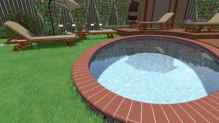 3d image of the landscape design of the home territory. Landscaping of the territory. Computer visualization of composite landscaping and landscaping solutions.