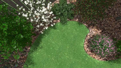 Obraz premium 3d image of the landscape design of the home territory. Landscaping of the territory. Computer visualization of composite landscaping and landscaping solutions.
