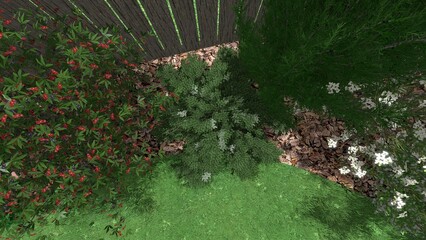 Obraz premium 3d image of the landscape design of the home territory. Landscaping of the territory. Computer visualization of composite landscaping and landscaping solutions.