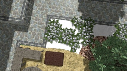 3d image of the landscape design of the home territory. Landscaping of the territory. Computer visualization of composite landscaping and landscaping solutions.