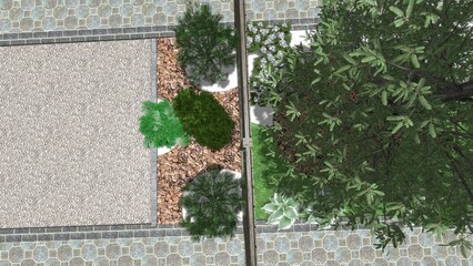 3d image of the landscape design of the home territory. Landscaping of the territory. Computer visualization of composite landscaping and landscaping solutions.