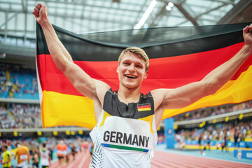 Joyful German Olympian at Paris 2024. A male athlete from Germany, dark brown hair, fair skin, radiating happiness and pride with the German flag.
